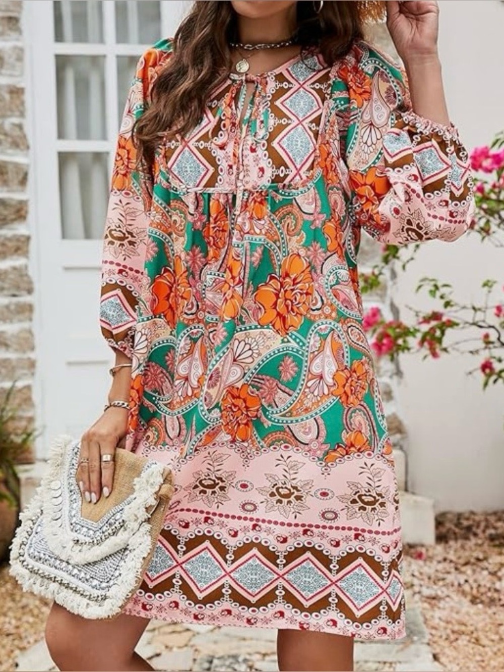 Amazon Bluetime Pink Paisley Orange Boho 3/4 Sleeve Babydoll Dress Size 2X
